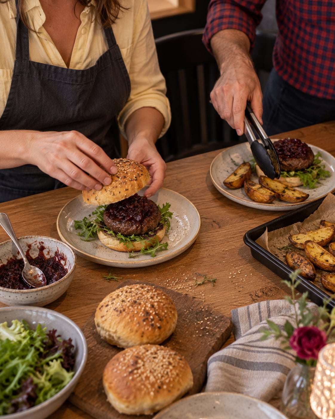Zwei Teilnehmer bauen Burger mit selbst gebackenen Buns, Dips und Ofen-Wedges