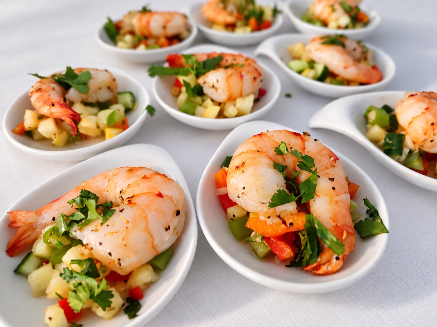 Fingerfood mit Garnelen und Gemüse in kleinen weißen Schalen