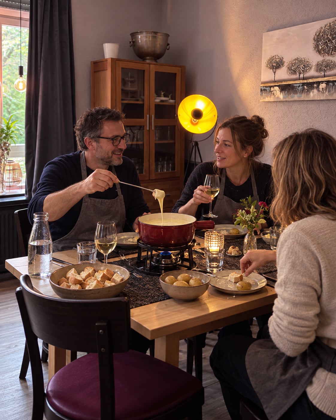 Erwachsene teilen Käsefondue mit Baguette und Schalenkartoffeln am bestehenden Tisch