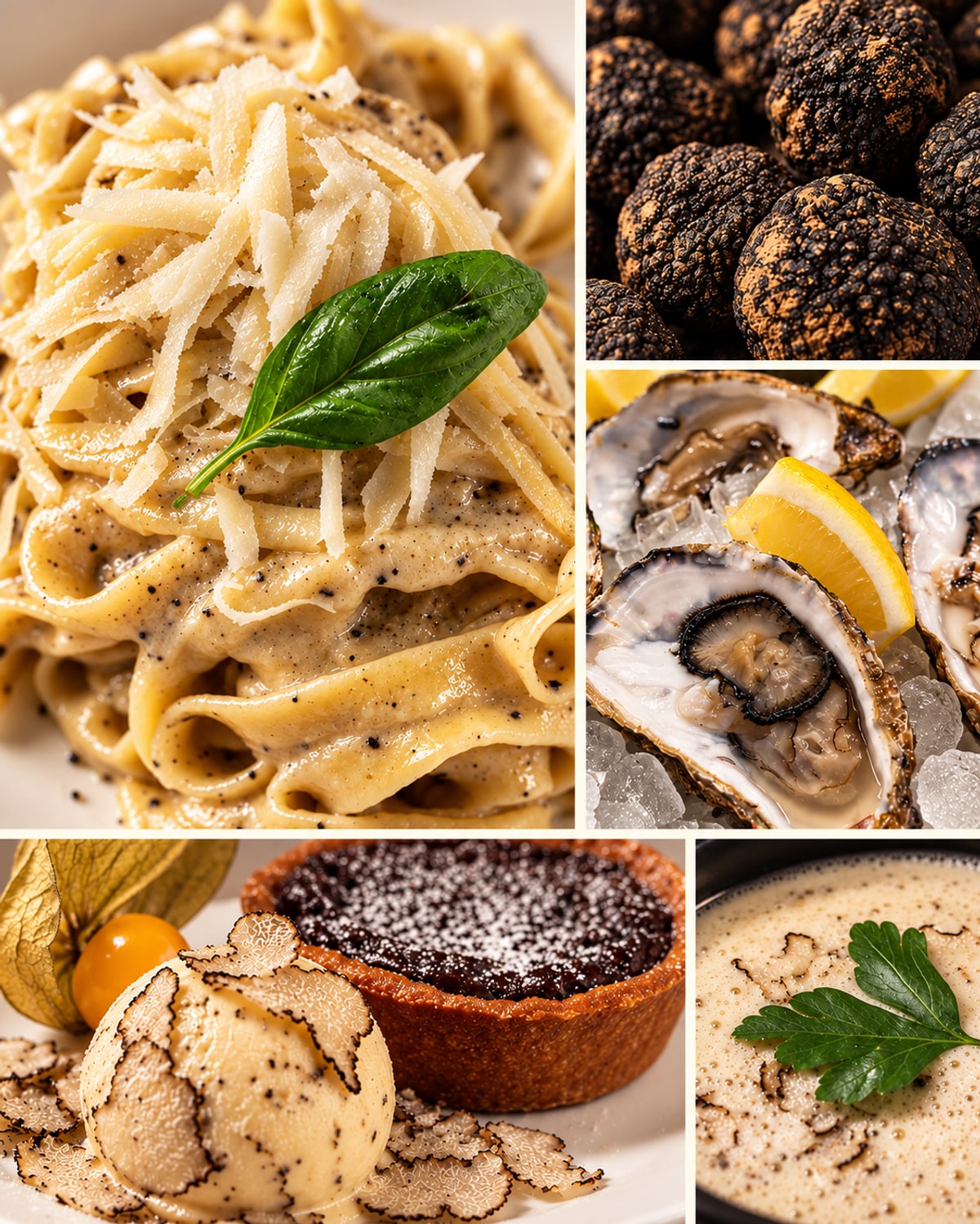 Fotocollage des Trüffelmenüs mit frischen Trüffeln, Austern, Trüffelsuppe, Pasta und Trüffeleis mit Schokoladentarte