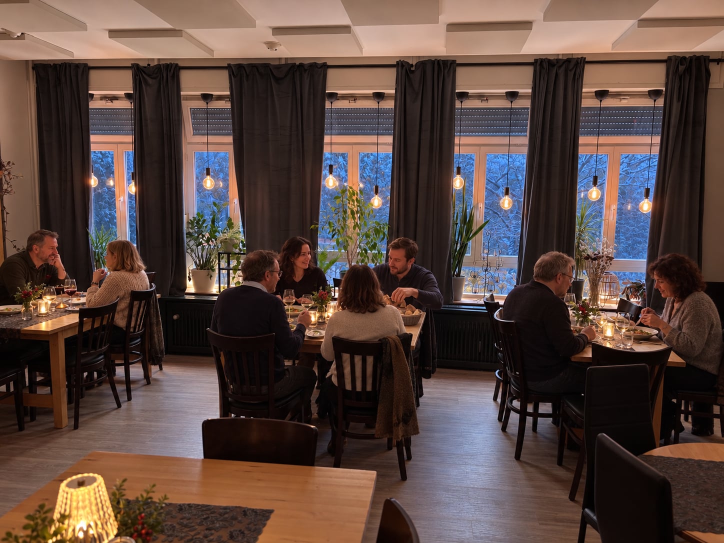Gäste essen am warm beleuchteten Tisch mit winterlicher Tischdekoration
