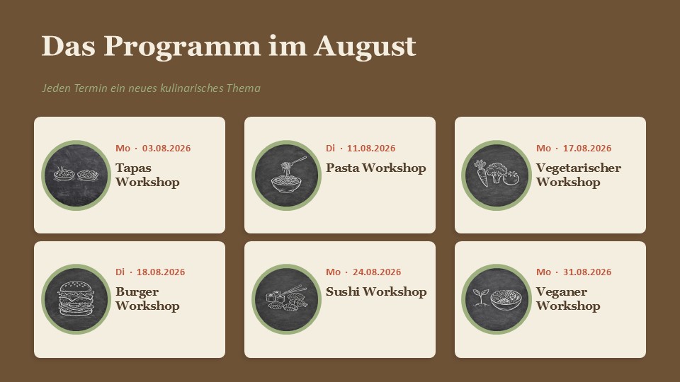 Unsere Workshops auf einen Blick für den August 2026